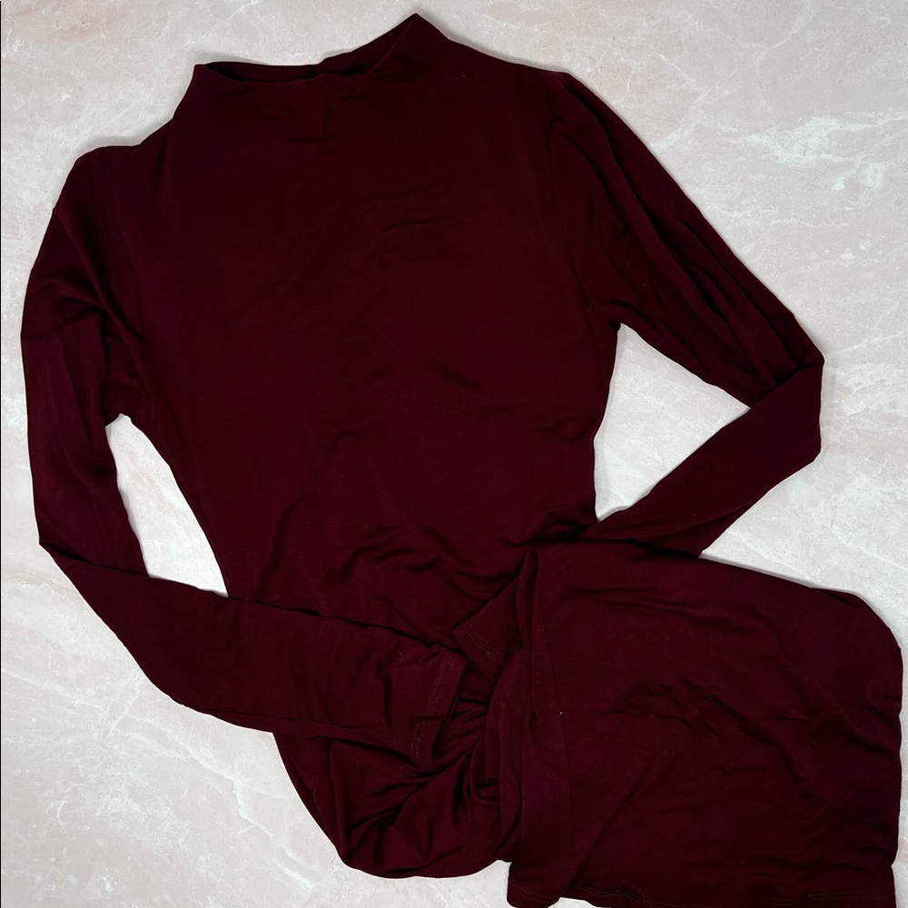 NWT Naked Wardrobe Maroon Bodycon Mock Neck Midi Long Sleeve Dress Size S